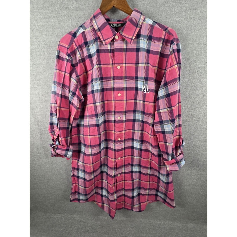 LAUREN RALPH LAUREN Pink Plaid Sleep Shirt M Button Up Lounge Chest Logo